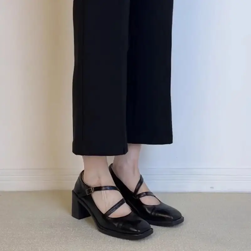 Square Toe High Heel Mary Jane Shoes Female Chunky Heel Low-cut