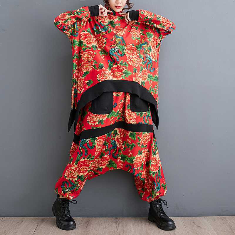 Fashion Peony Big Flower Youthful-looking Loose Top Baggy Pants Two-piece Set