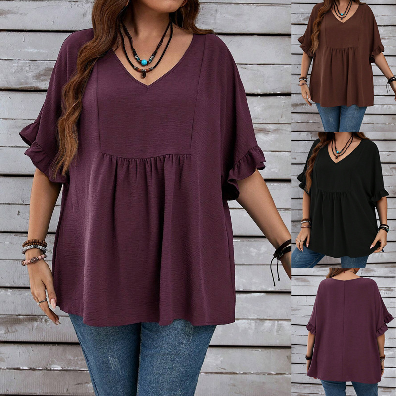 Solid-color Loose Ruffled High-waist Three-quarter-sleeve Top
