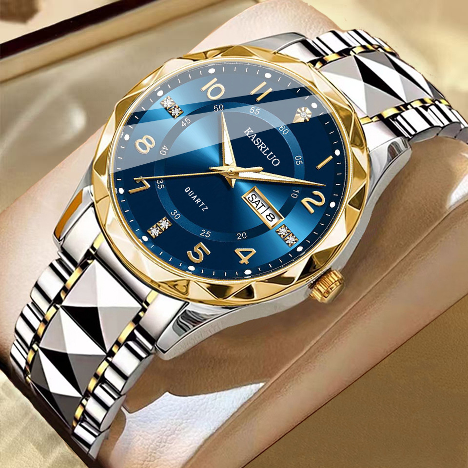 Men's Dual Calendar Fashion Waterproof Luminous Quartz Watch Gold Silver Blue