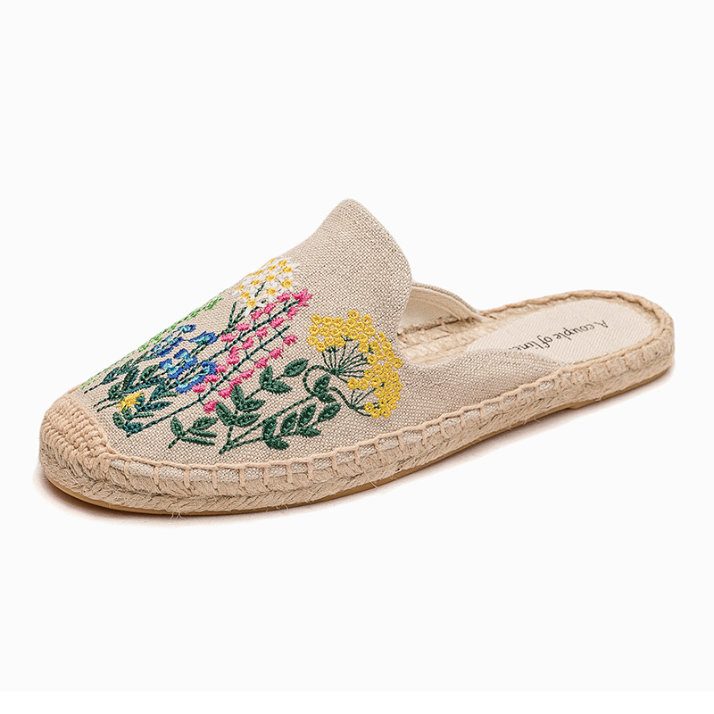 Linen Embroidered Straw Slippers Women's