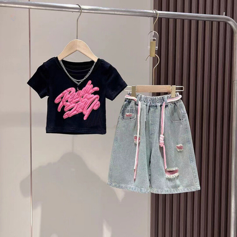Girls' Denim Pants Set Summer New Arrival 3D Spray-Painted Design