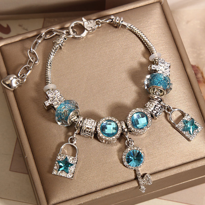 Mori Style Blue Glass Bead Key Lock Bracelet