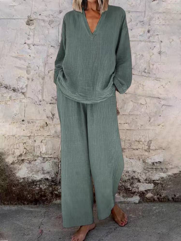 Women's Solid Color Casual V neck Pullover Long Sleeve Trousers Suit Gray - Shop at LoveMi