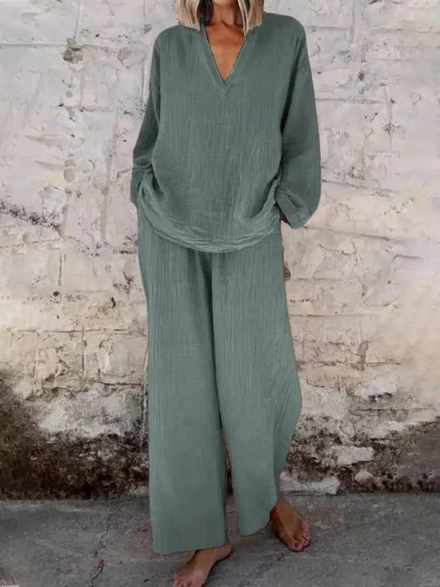 Women's Solid Color Casual V neck Pullover Long Sleeve Trousers Suit Dark Gray - Shop at LoveMi