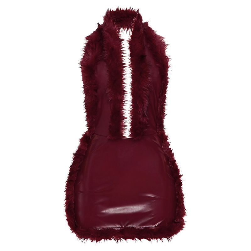 Leather Patchwork Sleeveless Halter Bodycon Dress Red - Shop at LoveMi