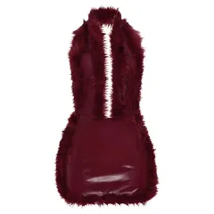Leather Patchwork Sleeveless Halter Bodycon Dress - Red - View 1
