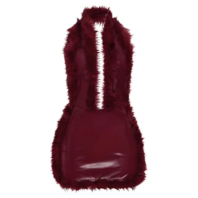 Leather Patchwork Sleeveless Halter Bodycon Dress Red - Shop at LoveMi