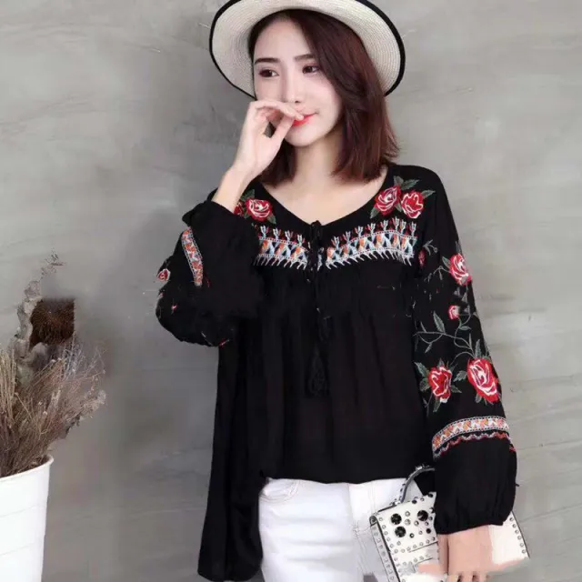 Ladies Tassel Embroidered White Shirt Black - Shop at LoveMi