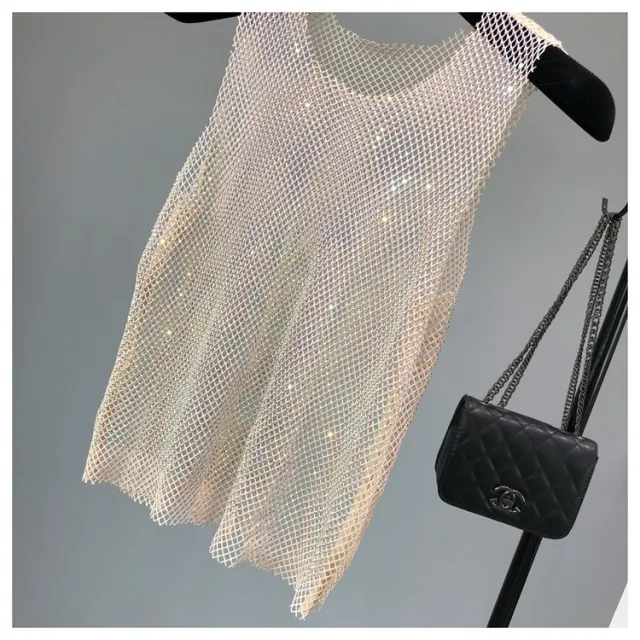Rhinestone Mesh Waistcoat Women's Light Diamond Hollow Sleeveless Top Khaki - Shop at LoveMi