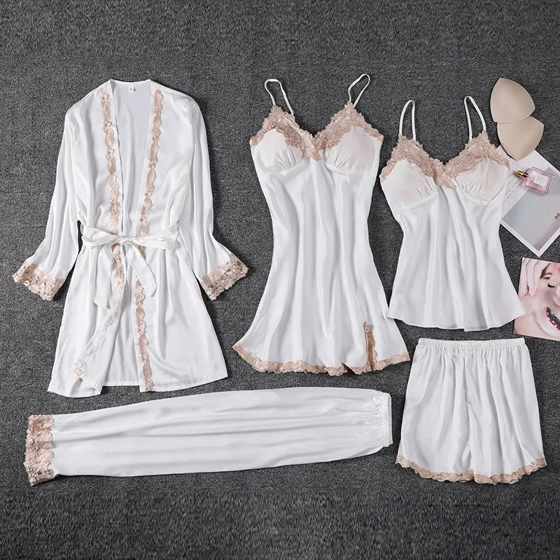 Women's Imitated Silk Pyjamas Underwear Five-piece Sling - White
