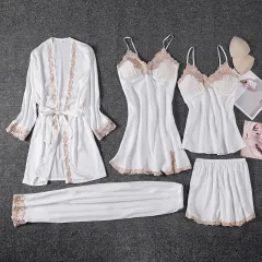 Women's Imitated Silk Pyjamas Underwear Five-piece Sling - White - View 1
