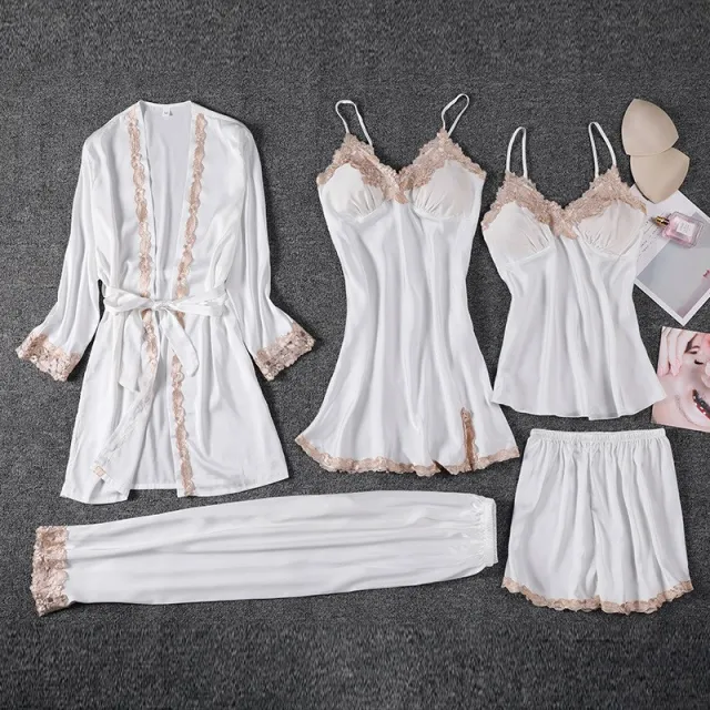 Women's Imitated Silk Pajamas Underwear Five piece Sling White - Shop at LoveMi