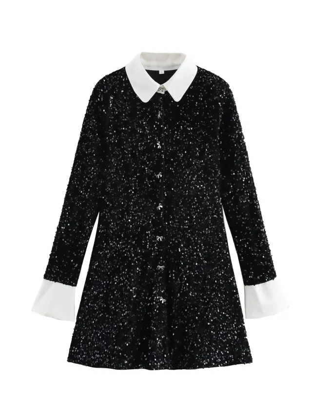 Sequin Cinched Patchwork Contrast Color Button Long Sleeve Mid length Dress Black - Shop at LoveMi