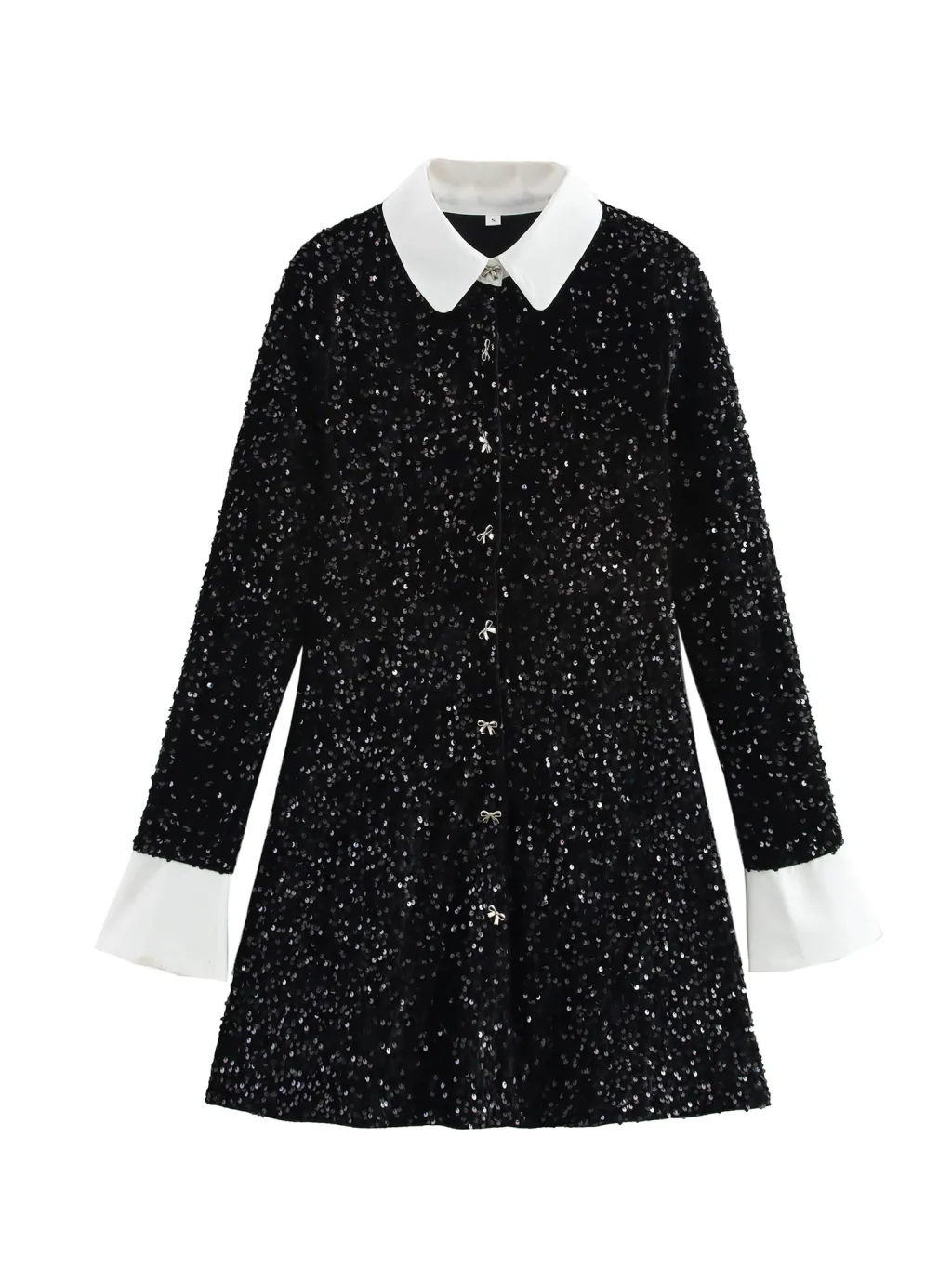 Sequin Cinched Patchwork Contrast Color Button Long Sleeve Mid-length Dress - Black