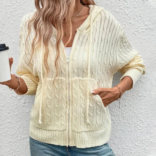Women's Hooded Twisted Solid Color Sweater Cardigan Apricot - Shop at LoveMi