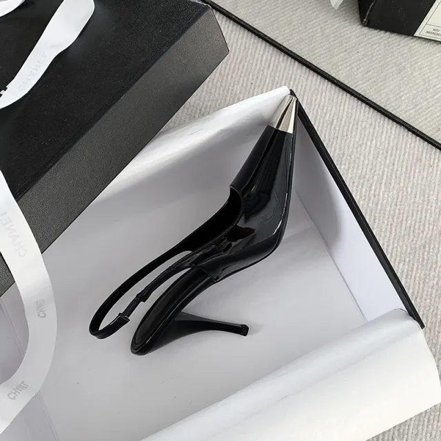 Black Square Toe Metal Rear Empty Ankle strap High Heels Black - Shop at LoveMi