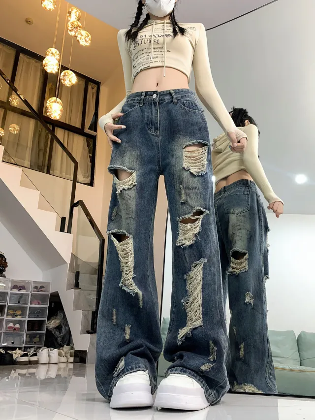 Ripped Lazy Loose Jeans For Women Blue - Shop at LoveMi