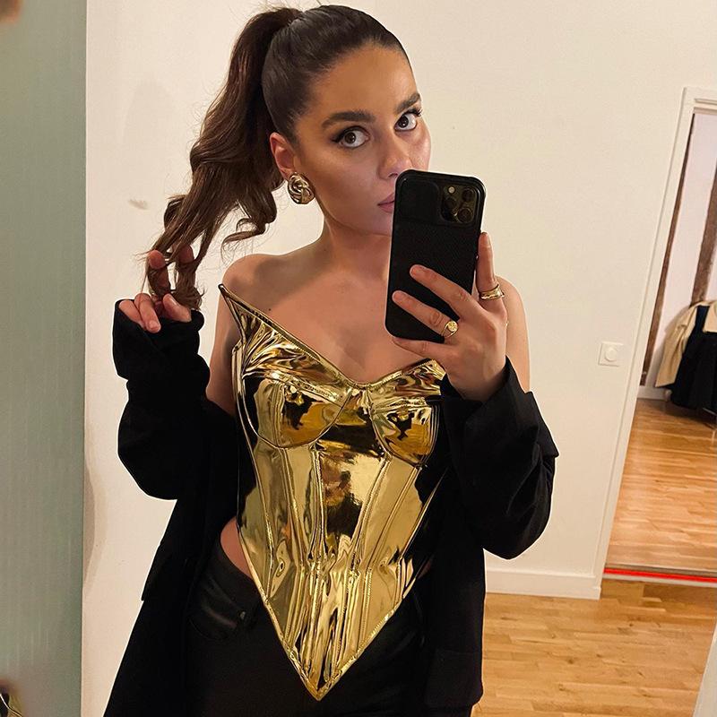 Solid Color Leather Glossy Sleeveless Tube Top Top