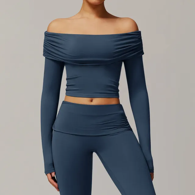 Casual Long Sleeve Yoga Wear Women's Off shoulder Outdoor All matching Gray - Shop at LoveMi