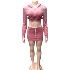 Hooded Crop Top Long Sleeve Cardigan With Bodycon Skirt Two-piece Set - Pink - View 1