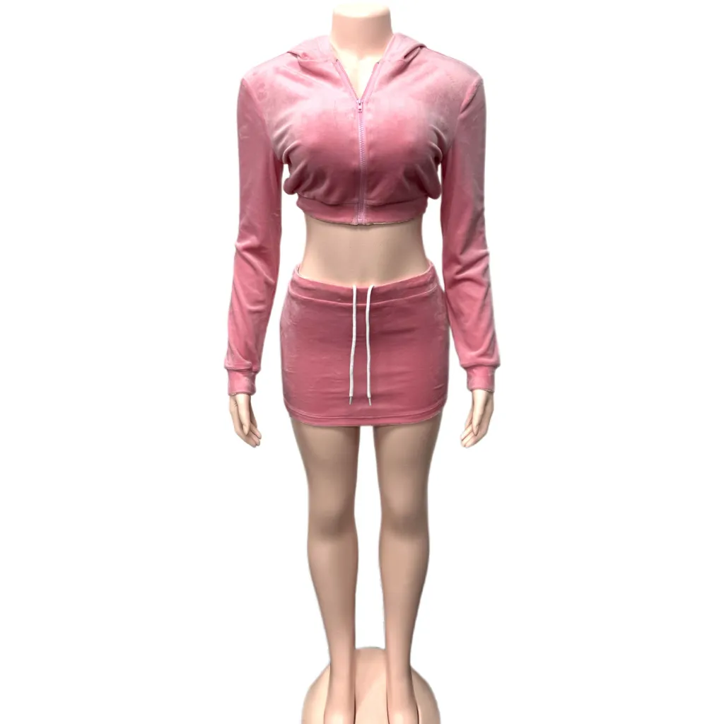 Hooded Crop Top Long Sleeve Cardigan With Bodycon Skirt Two-piece Set - Pink