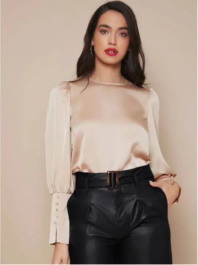 Women's Long Sleeved Satin Shirt Apricot - Shop at LoveMi