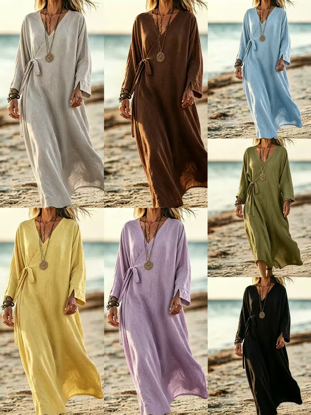 V-neck Crossover Strap Long-sleeve Resort Dress 481300f4 B843 42e5 A692 9998f104cad9