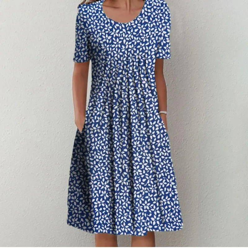 Spring And Summer Women's Elegant Large Swing Round Neck Printed Short Sleeve Dress - No9 Color-S
