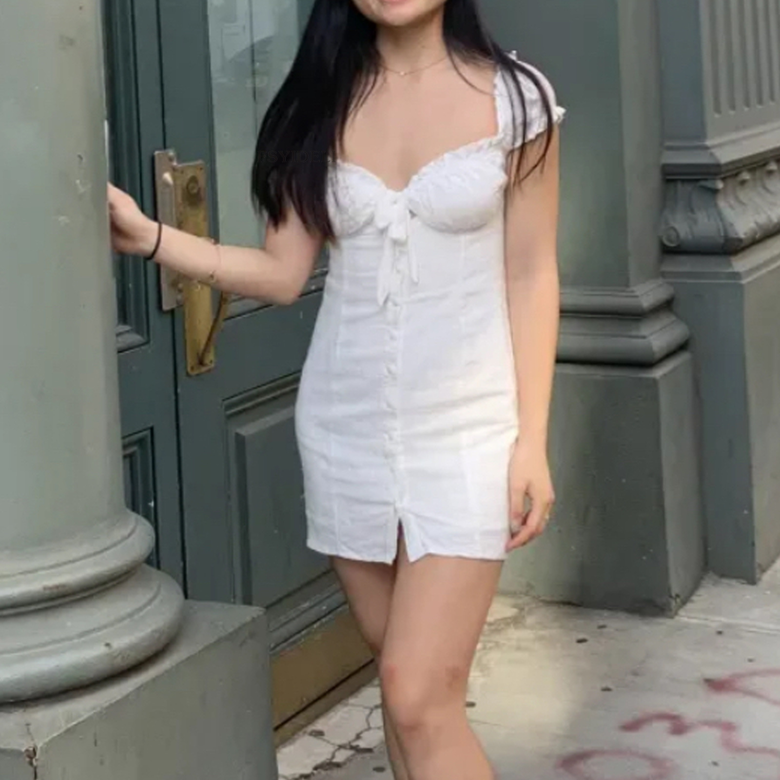 Women's off-shoulder lace-up puff-sleeve sheath dress in white, full length elegant lifestyle photo