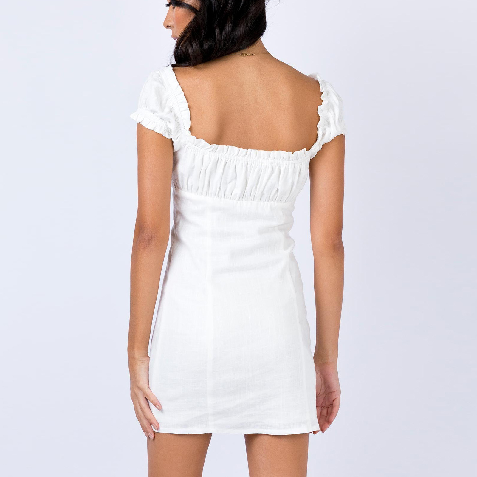 Women's off-shoulder button dress in white, full length view showing sheath silhouette