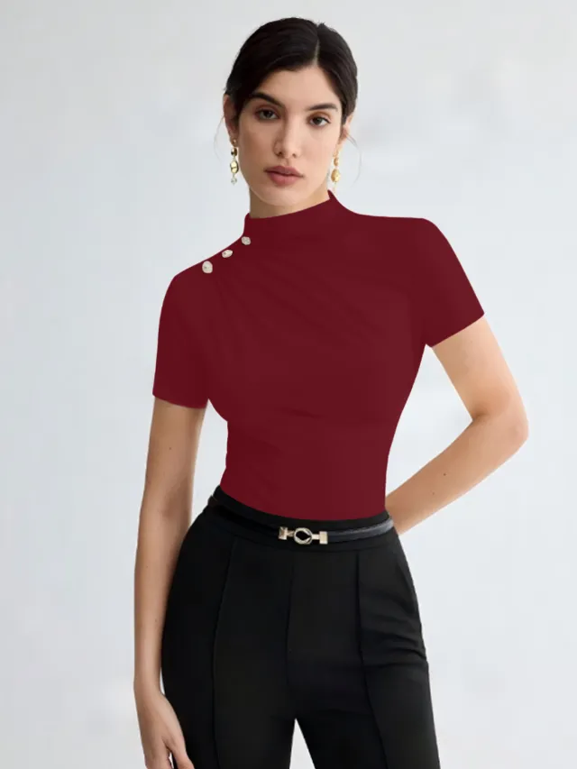 Women's Summer Solid Color Elegant Pleated Short Sleeves T shirt Red - Shop at LoveMi