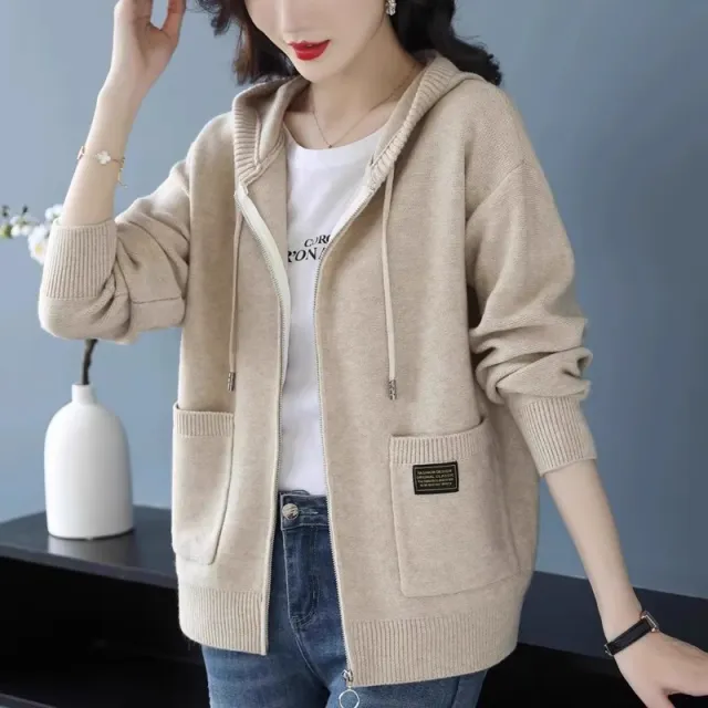 Knitwear Hooded Sweater Coat Women's Loose Zip Knitted Cardigan Beige - Shop at LoveMi