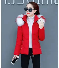 Female Short Cotton Coat Thickened Slim Fit Fashionable Jacket - Red - View 1