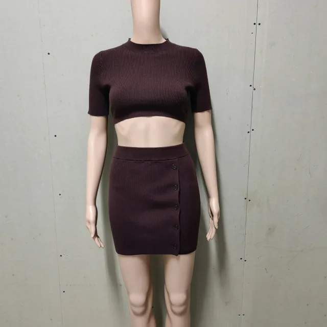 Women's Knitted Midriff baring Knitted Sweater Top Split Button Skirt Brown - Shop at LoveMi