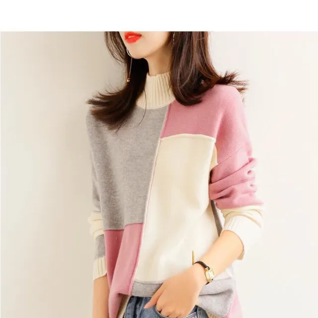 Contrast Color Idle Style Loose Pullover Fashion Commuter Simple Half Turtleneck Korean Style Sweater Pink Stitching - Shop at LoveMi