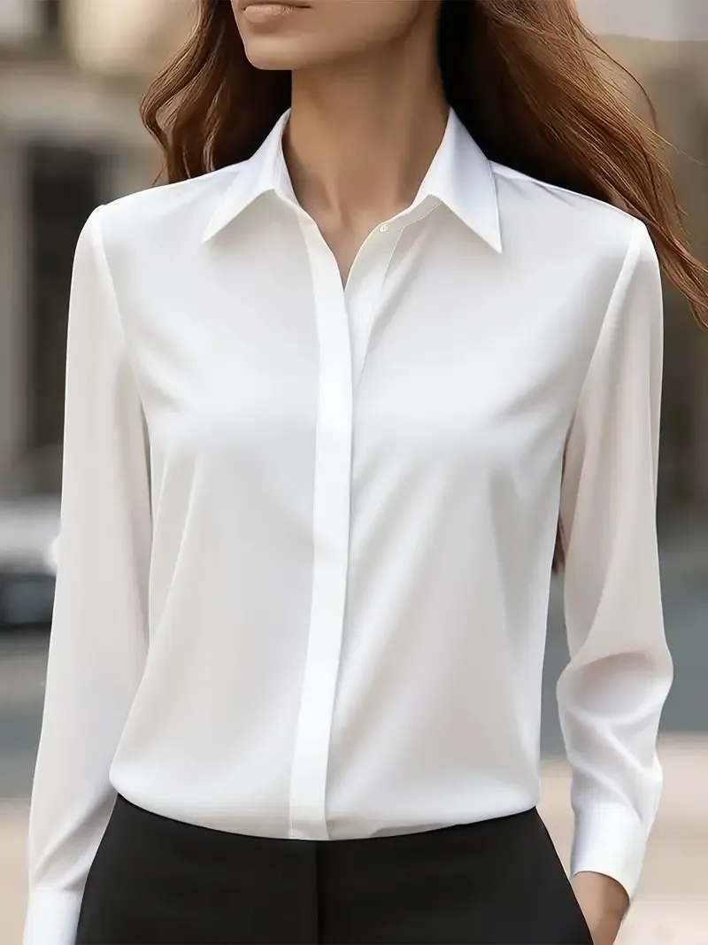 Solid Colour Long Sleeve Lapel Satin Blouse - White