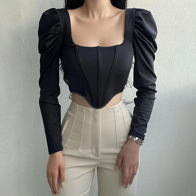 Collar Pure Desire Long Sleeve Sexy Puff Sleeve Fishbone Waist Short Top Black - Shop at LoveMi