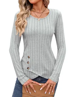 Waist Tight Tight Round Neck Tight Long-sleeved Top - Gray - View 1