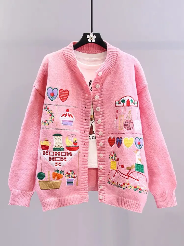 Japanese Cartoon Vintage Embroidered Sweater Coat Women's Autumn And Winter Knitting Cardigan - Pink