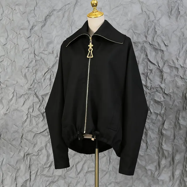 Heavy Embroidery Patchwork Loose Drawstring Silhouette Jacket Black - Shop at LoveMi