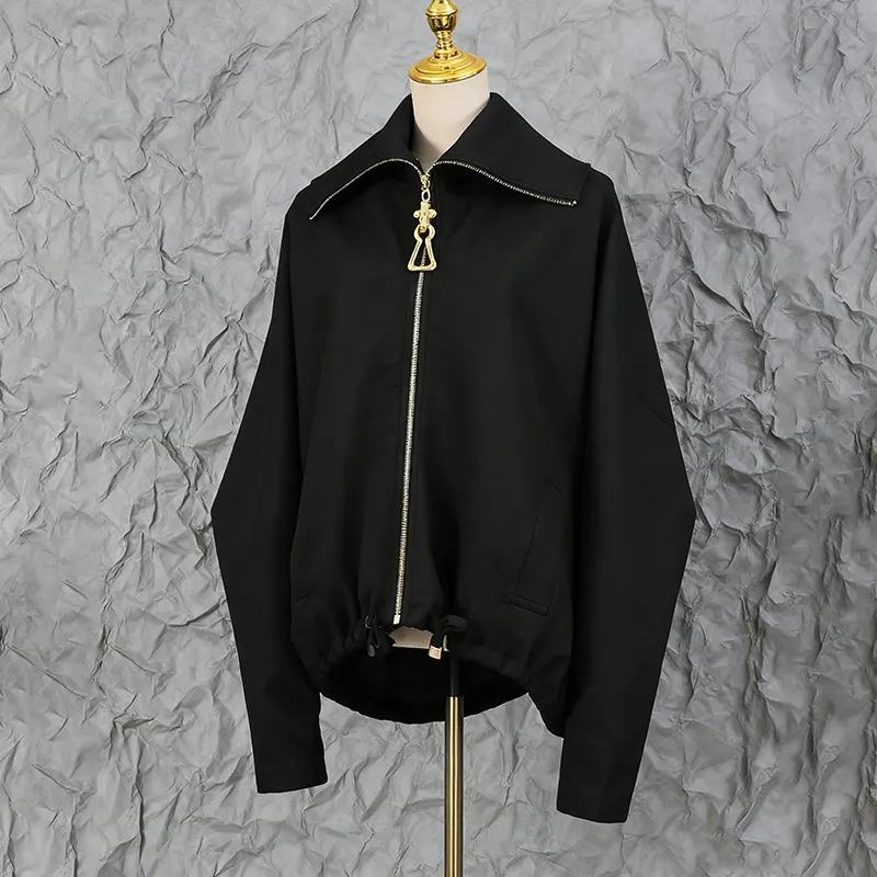 Heavy Embroidery Patchwork Loose Drawstring Silhouette Jacket - Black