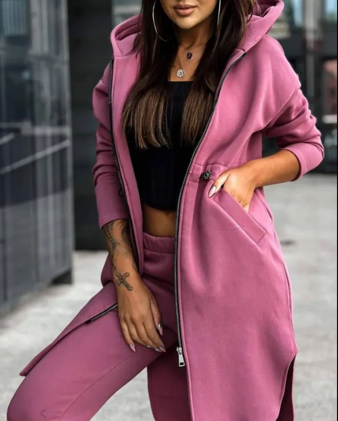 Fashion Casual Fleece Hooded Sweater Suit Women's Clothing - Rouge Color