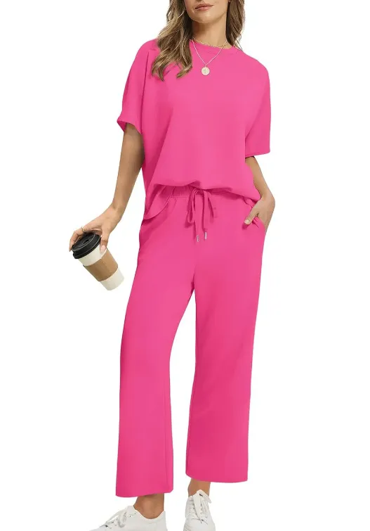 European And American Women's Solid Color Short sleeved Casual Wide leg Pants Suit Rose Red - Shop at LoveMi