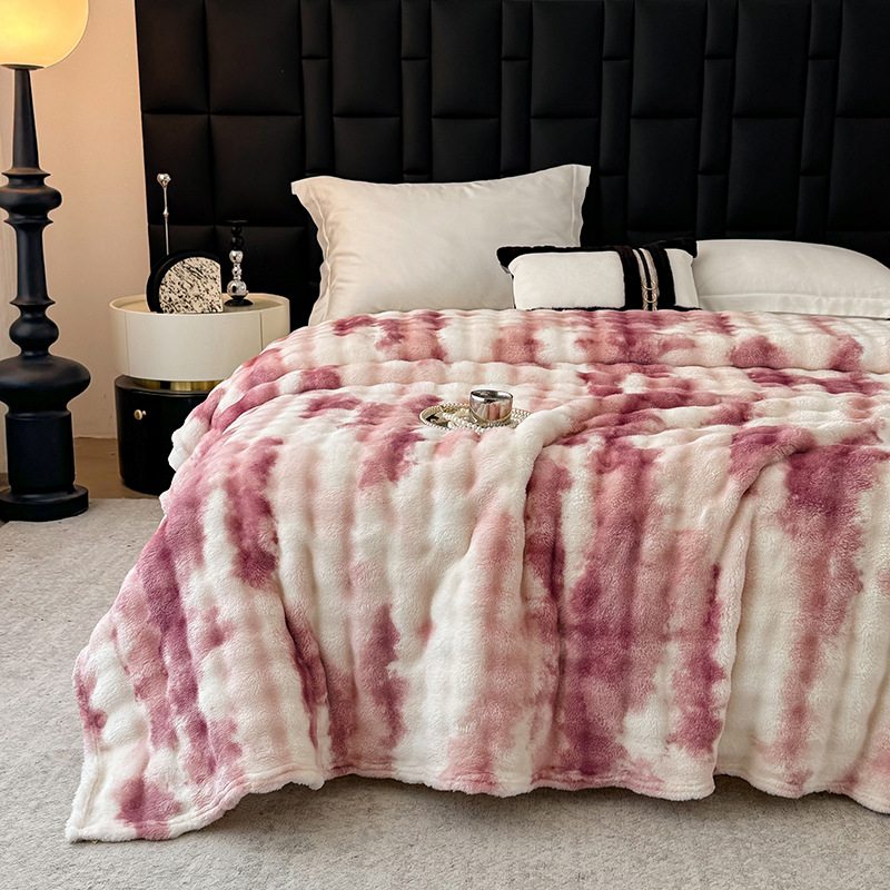 Rabbit-fur-like Plush Bubble Flannel Blanket With Printed Designperfect For Naps And As A Throw