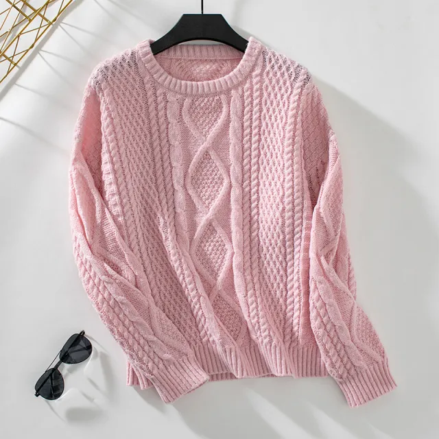 Round neck Pullover Retro Cable Knit Sweater Pink - Shop at LoveMi