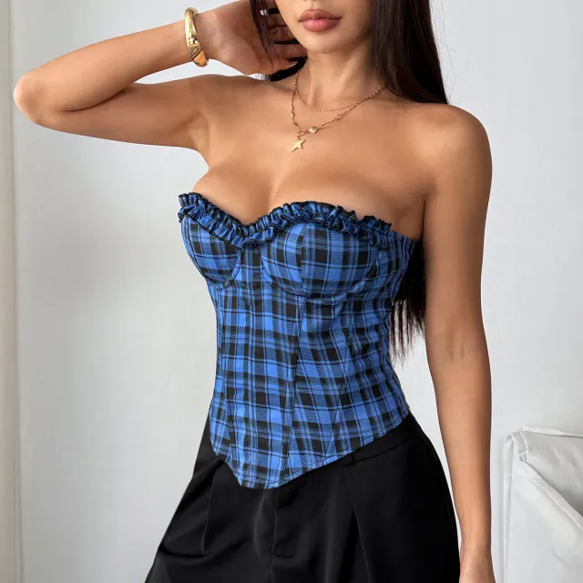 Spicy Girl Blue Retro Plaid Patchwork Lace Tube Top Blue - Shop at LoveMi