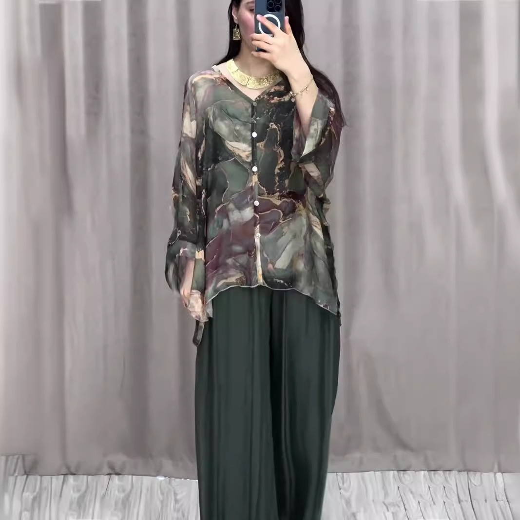 Fashion Hand-painted Printed Shirt Top Wide Leg Pants Two-piece Set
