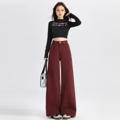 Sweet Cool High Waist Slimming And Wide Leg Jeans - Ankela Red Cropped Pants - View 1