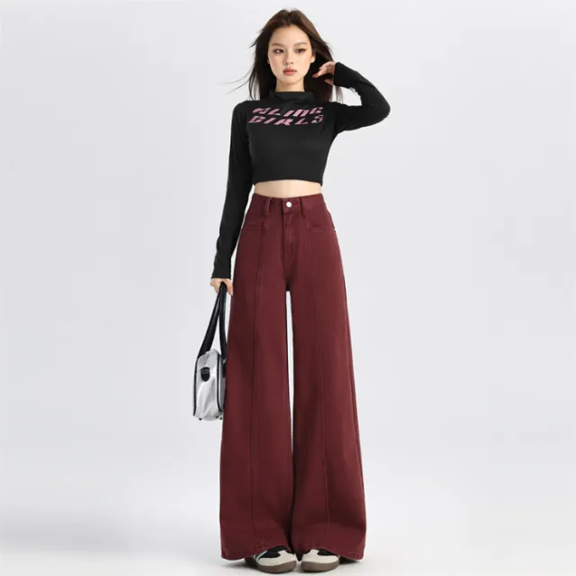 Sweet Cool High Waist Slimming And Wide Leg Jeans Ankela Red Cropped Pants - Shop at LoveMi